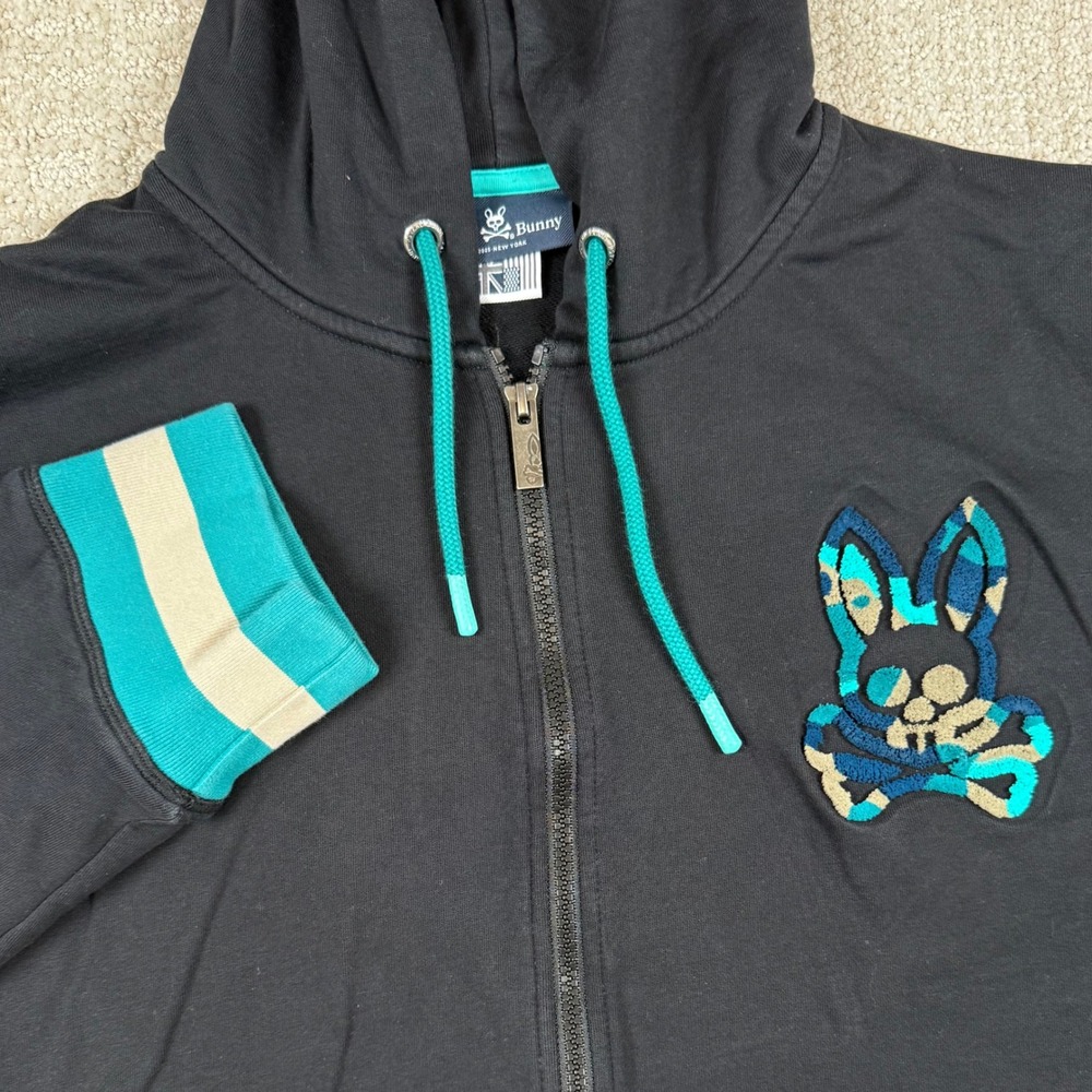 Psycho Bunny Mens 3XL Black Full Zip Cotton Hoodie Jacket Teal Trim Camo Logo